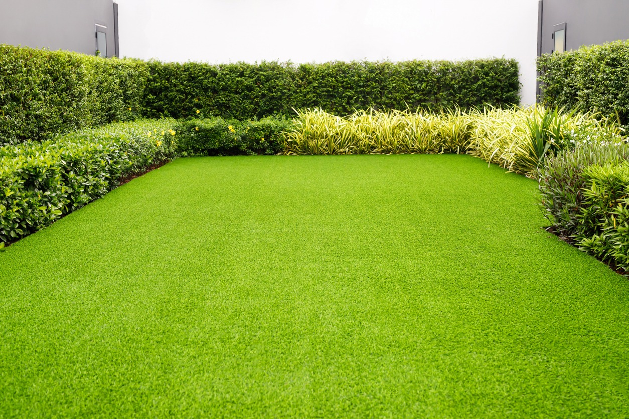 Manicured synthetic turf lawn with hedge border at modern home in North Texas